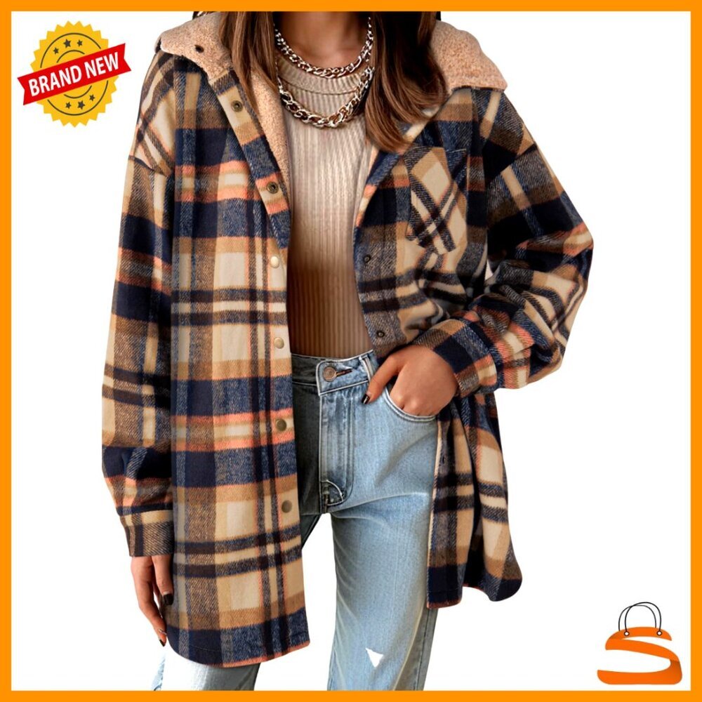 Oversized Flannel Shacket Jacket with Hood and Fleece Lining for Winter Warmth